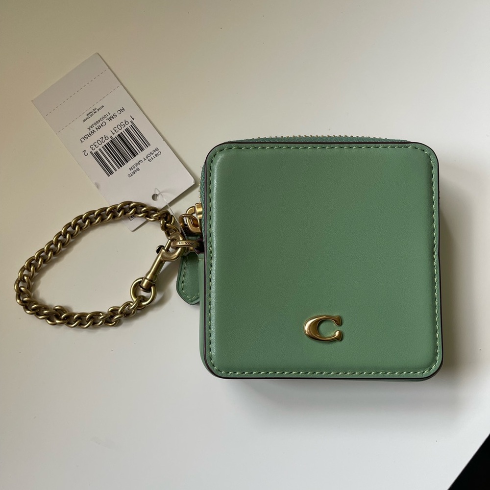 Green Leather Coin Purse with Gold Chain